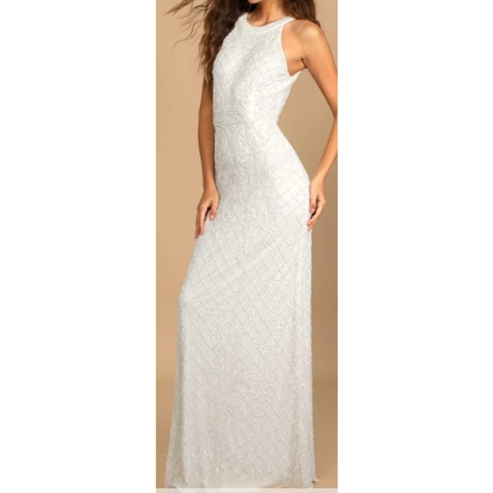 LULU'S XL All the Romance White Beaded Sequin Halter Mermaid Maxi Dress NEW B46